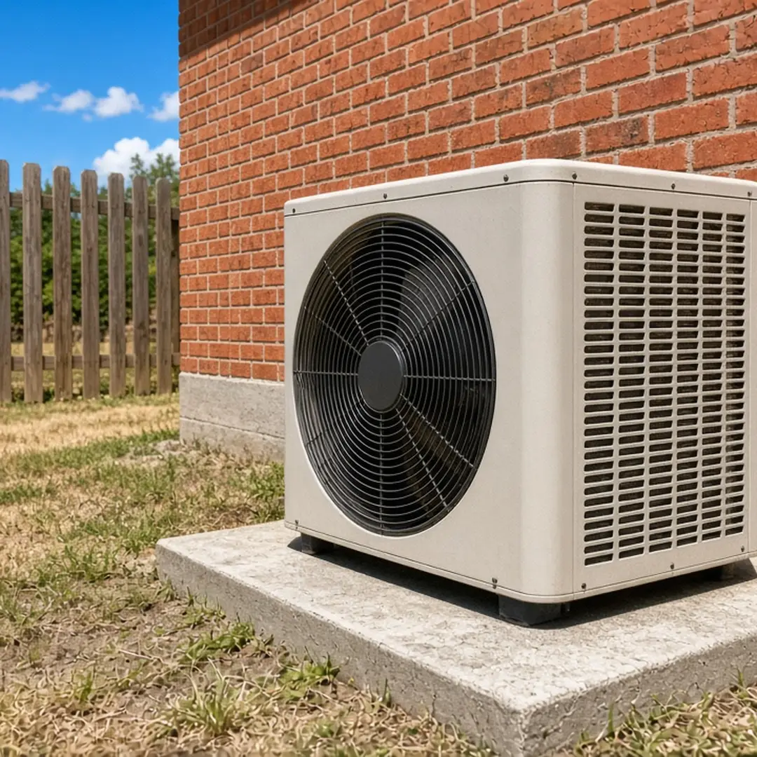 Air conditioning condenser beside a brick home on a hot Fort Worth summer day