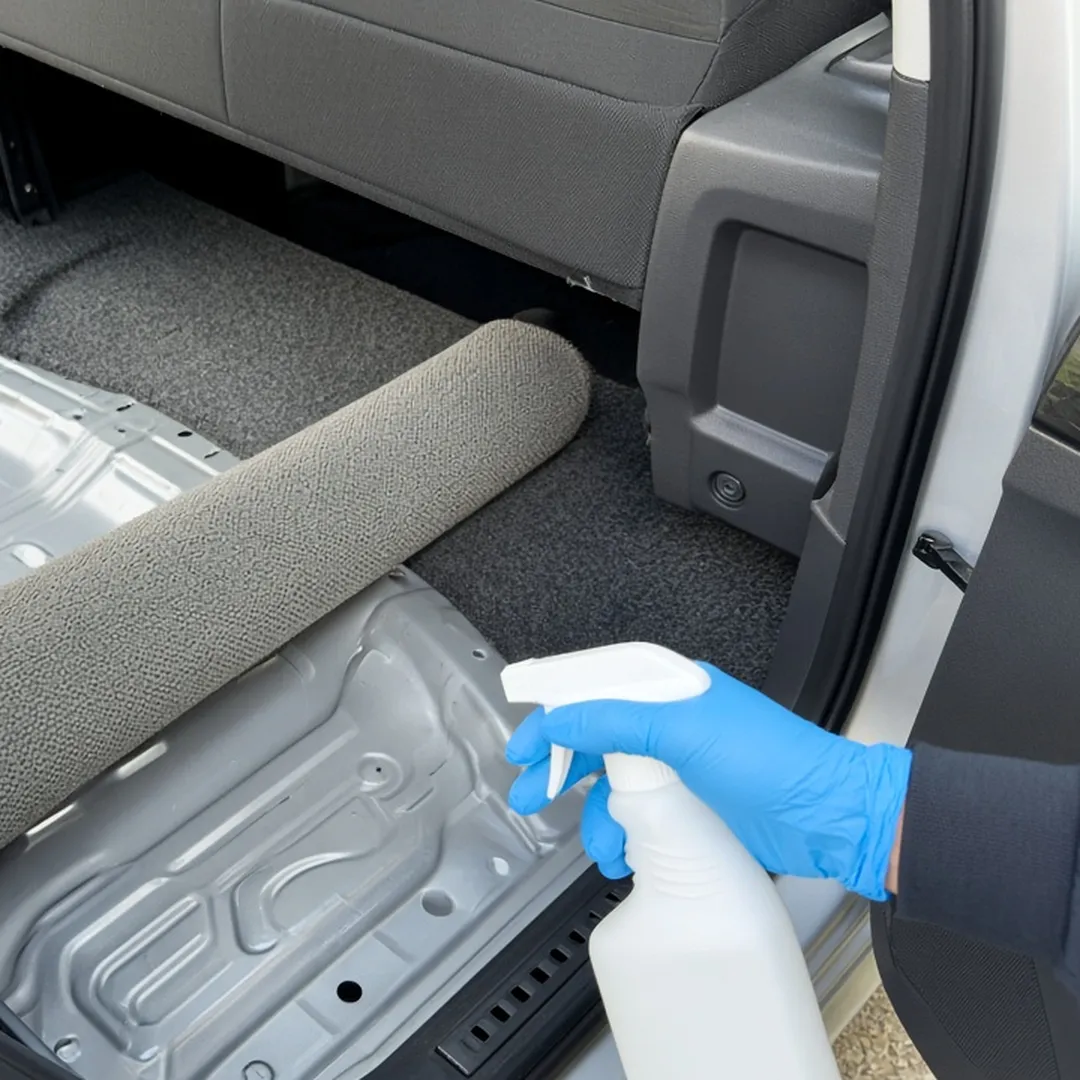 Car interior with carpet pulled back to bare metal floor pan during decontamination