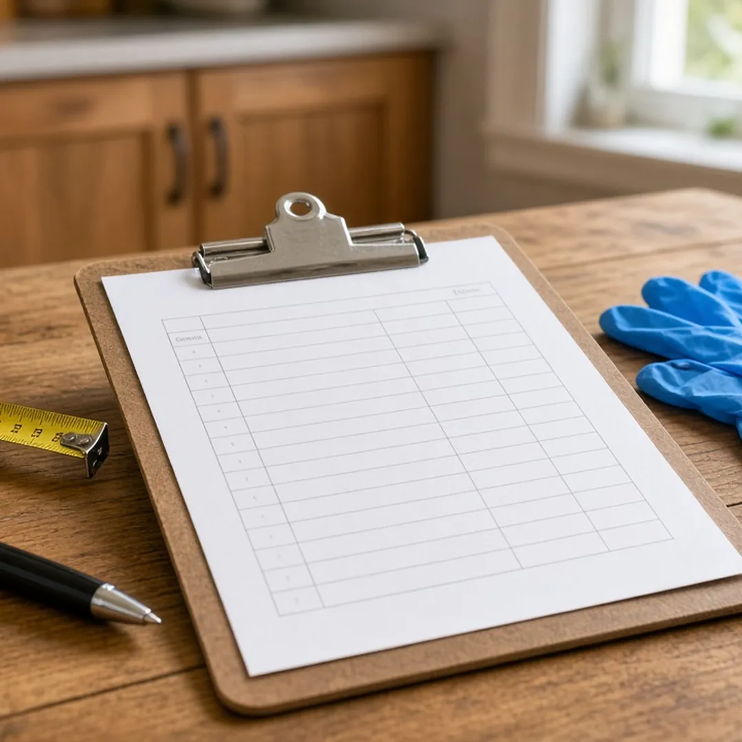 Clipboard with an itemized cleanup estimate and a tape measure on a kitchen table