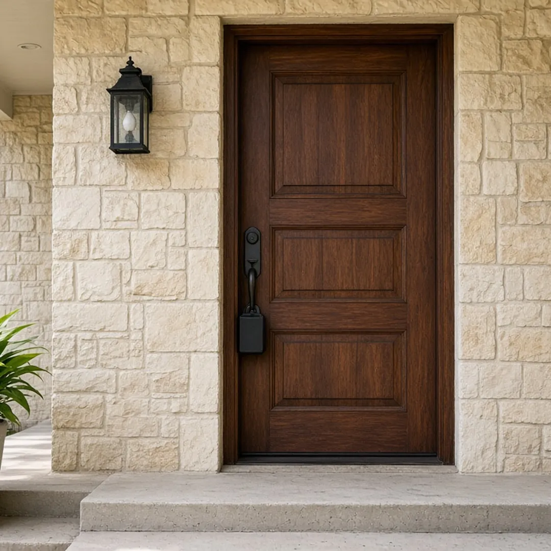 Front door of a stone-front Fort Worth home with a lockbox on the handle