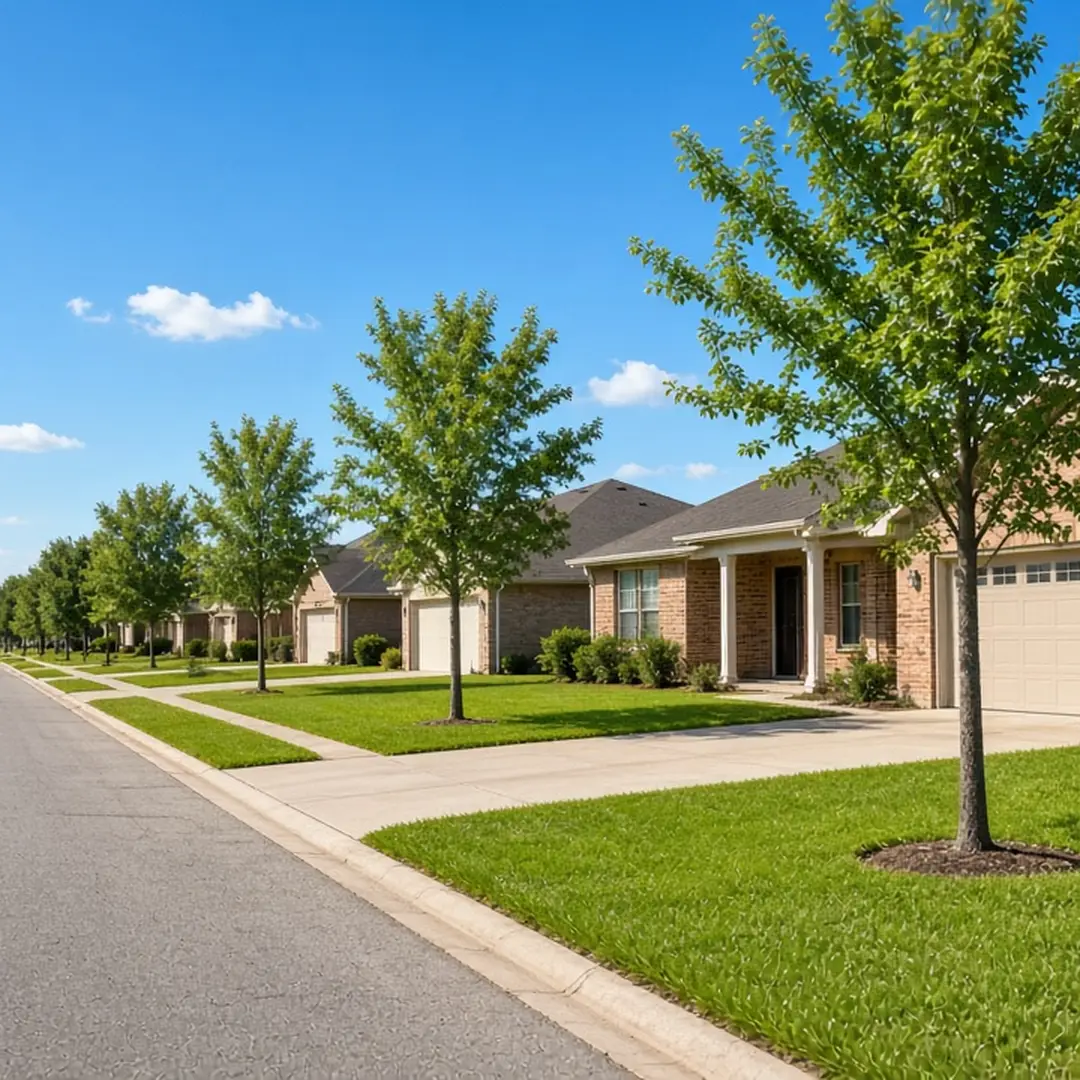 Suburban street of brick homes with young trees in north Tarrant County