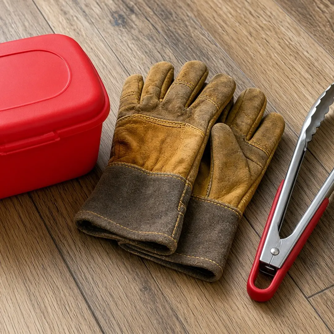 Rigid sharps container, heavy gloves, and kitchen tongs on a wood floor