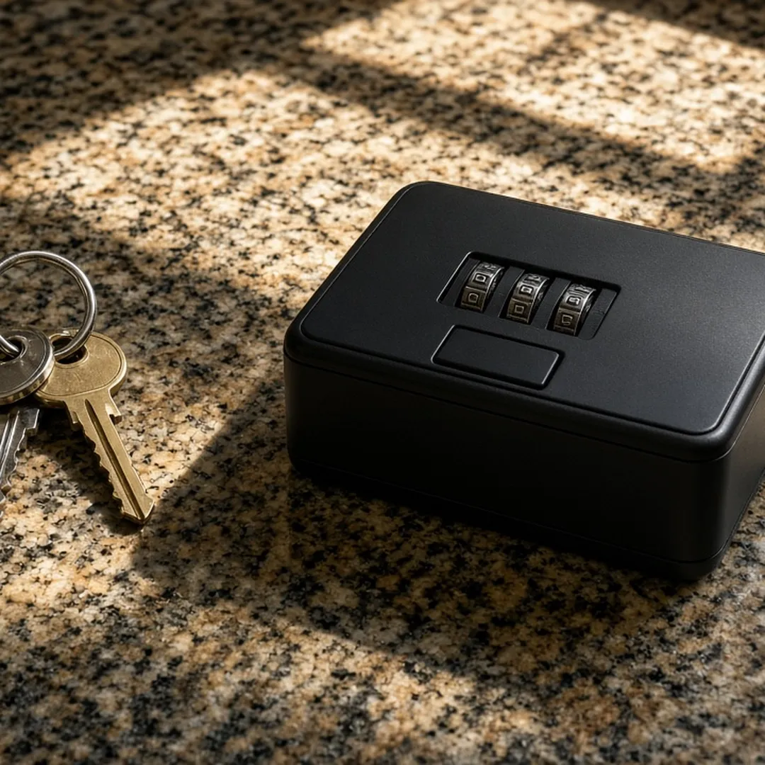 House keys and a small lockbox on a kitchen counter