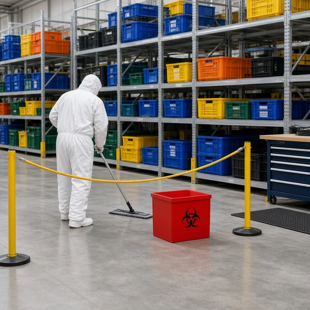 Roped-off section of a warehouse floor being cleaned by a technician in protective gear